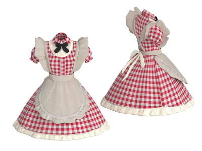 Adorable Red And White Gingham Dress With Apron Bow And Ruffle Hem 3d model