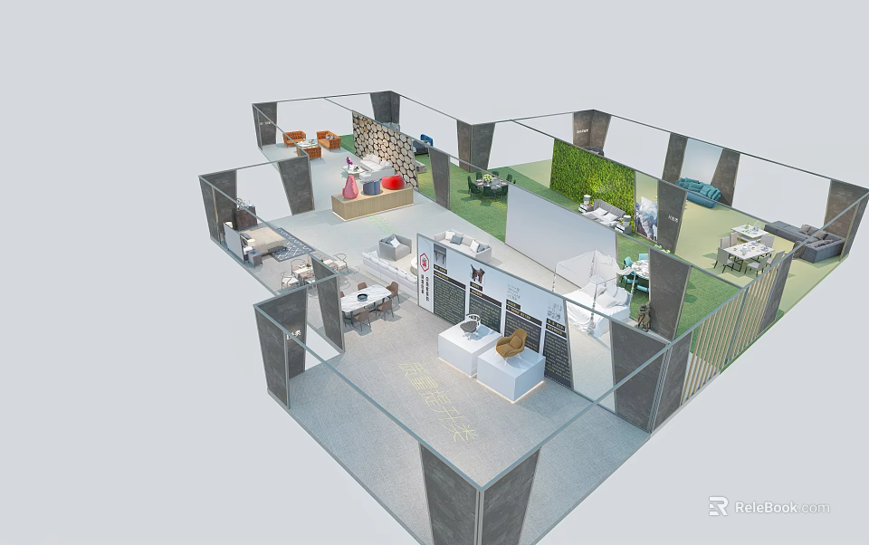 3D Interior Space Layout With Multiple Functional Zones Green Wall And Seating Elements 3d model 