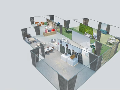 3D Interior Space Layout With Multiple Functional Zones Green Wall And Seating Elements 3d model