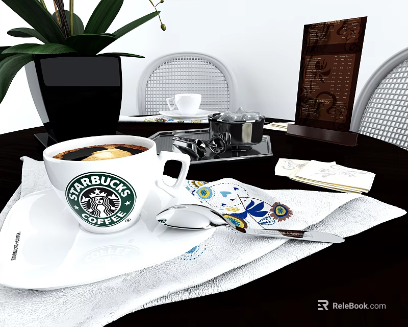 Starbucks Coffee Drink In White Cup With Decorative Napkin Spoon And Menu On Table 3d model 