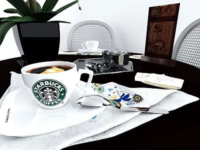 Starbucks Coffee Drink In White Cup With Decorative Napkin Spoon And Menu On Table 3d model