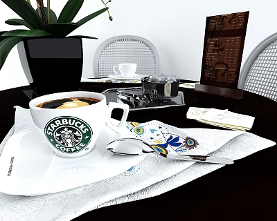 Starbucks Coffee Drink In White Cup With Decorative Napkin Spoon And Menu On Table 3d model