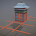Playground Equipment With Blue Roof Golden Top Red Frame Windows And Support Structure