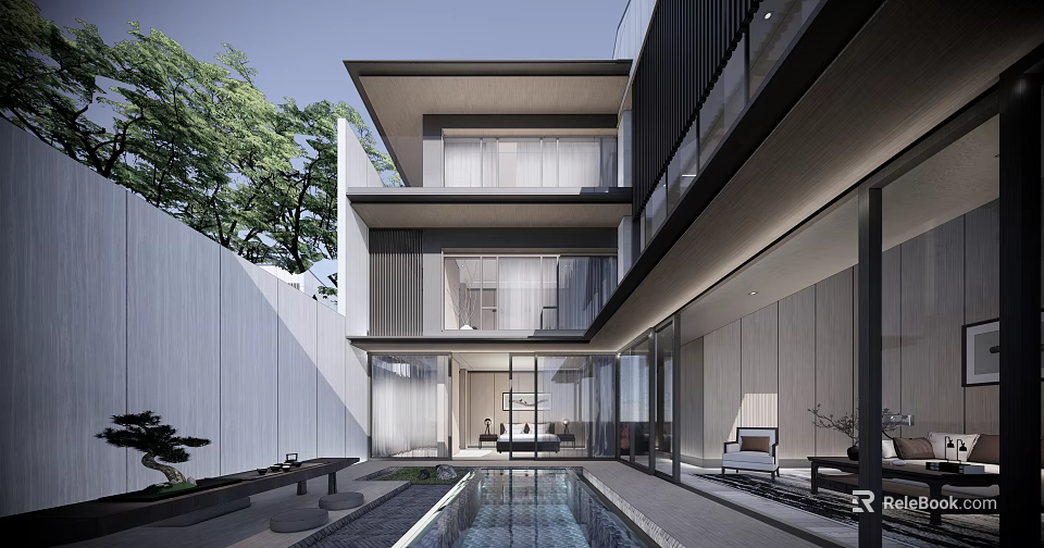 Modern Three Story Townhouse Design With Courtyard Swimming Pool And Large Glass Windows 3d model 