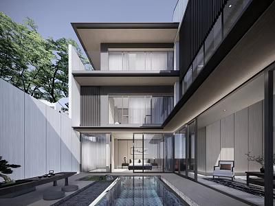 Modern Three Story Townhouse Design With Courtyard Swimming Pool And Large Glass Windows 3d model