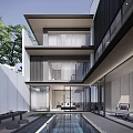 Modern Three Story Townhouse Design With Courtyard Swimming Pool And Large Glass Windows