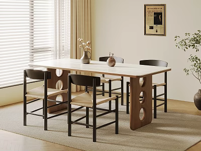 Modern Dining Table Set With Chairs Decorative Vase And Wall Art By Window Blinds 3d model