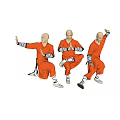 Three men wearing orange robes performing traditional martial arts with dynamic poses