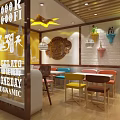 Bright Dessert Shop Front With Glass Door Display Cases Tables And Yellow Chairs Interior