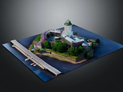 Island Building Model with Green Dome Tower Surrounding Trees Bridge Water and Boats 3d model
