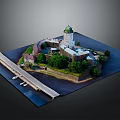 Island Building Model with Green Dome Tower Surrounding Trees Bridge Water and Boats