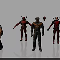 Game Movie Characters In Action Poses With Red Gray Costumes And Weapons