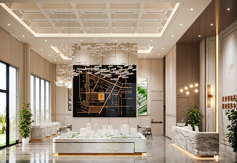 Luxurious Sales Office Interior With Chandeliers Marble Counter Sand Table Model And Large Windows 3d model 