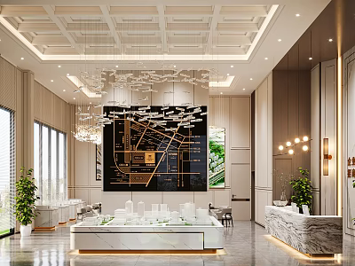 Luxurious Sales Office Interior With Chandeliers Marble Counter Sand Table Model And Large Windows 3d model