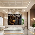 Luxurious Sales Office Interior With Chandeliers Marble Counter Sand Table Model And Large Windows