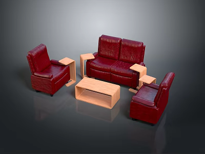 Red Leather Sofa and Armchairs with Wooden Coffee Table Furniture Set 3d model