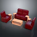 Red Leather Sofa and Armchairs with Wooden Coffee Table Furniture Set