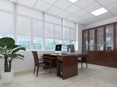 Modern Office Interior With Wooden Desk Computer Chairs Window Blinds Bookcases And Green Plants 3d model