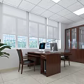 Modern Office Interior With Wooden Desk Computer Chairs Window Blinds Bookcases And Green Plants