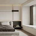 Modern Minimalist Bedroom Interior With White Walls Gray Bedding Wooden Flooring And Abstract Painting