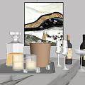 Wine Bottles And Glasses With Copper Ice Bucket Whiskey Glasses Tray And Decorative Painting