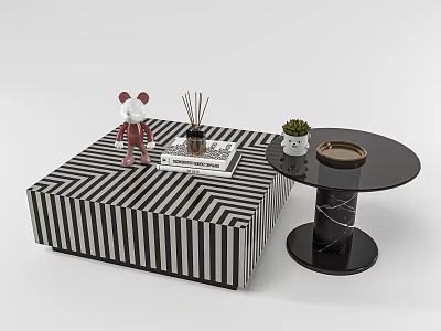 Square And Round Coffee Tables With Black White Striped Top Marble Base And Decorations 3d model