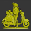 Blue Haired Character In Orange Coat Red Boots With Creature Riding Light Blue Scooter