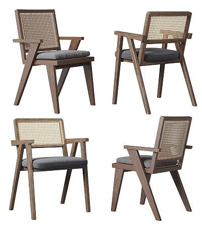 Modern Leisure Chair With Wooden Frame Rattan Woven Back And Gray Cushion 3d model