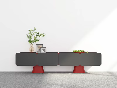 Modern Black Red TV Stand with Red Legs Green Plant Photo Frames and Fruit Tray 3d model
