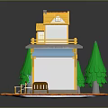 Cartoon Scene Featuring Colorful House Yellow Roof White Walls Green Trees And Small Horse