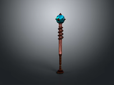 Enchanted Fantasy Staff With Blue Gemstone Top Wooden Shaft And Spiral Design 3d model
