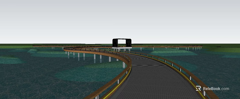Garden Landscape with Winding Pathway Wooden Railings Water Surface and Distant Black Structure 3d model 