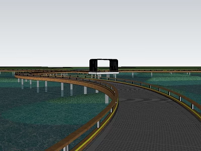 Garden Landscape with Winding Pathway Wooden Railings Water Surface and Distant Black Structure 3d model