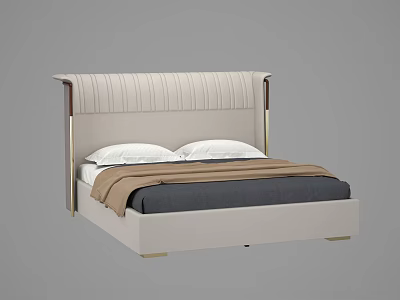 Double Bed with Striped Upholstered Headboard Metal Accents Beige Frame White Pillows and Brown Blanket 3d model