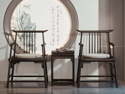 Chinese Style Leisure Chairs With Black Frames Light Cushions Round Decorative Painting And Small Table 3d model