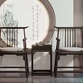 Chinese Style Leisure Chairs With Black Frames Light Cushions Round Decorative Painting And Small Table