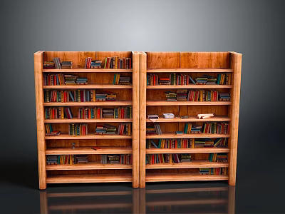 Pair of Wooden Bookshelves Filled With Various Books in Interior Space 3d model