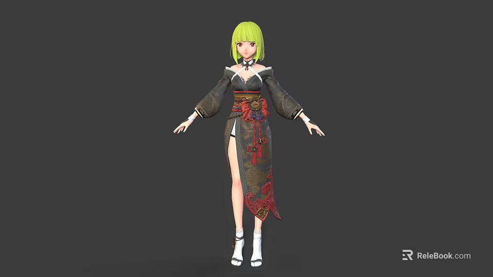 3D Anime Character With Green Hair Wearing Patterned Kimono And White Boots Model 3d model 