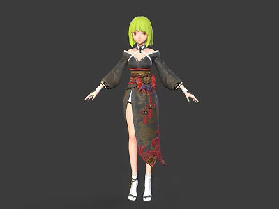 3D Anime Character With Green Hair Wearing Patterned Kimono And White Boots Model 3d model