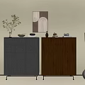 Modern Poliform Entryway And Side Cabinets In Gray Brown With Decorative Painting Plant And Vase