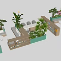 Various Bonsai Potted Plants In Green Planters With Outdoor Seating And Tables
