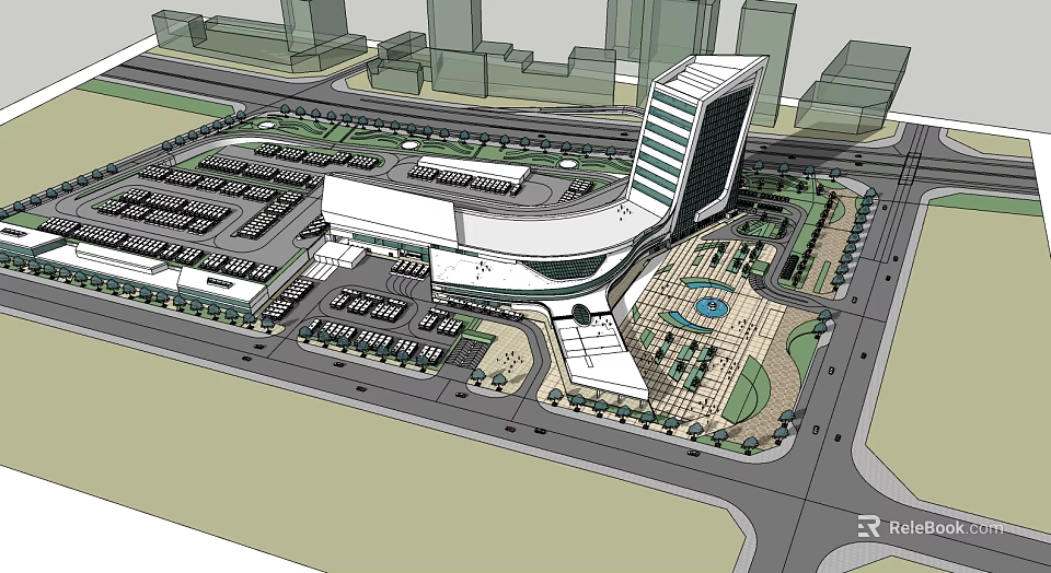 Modern Commercial Complex Featuring Parking Lot Plaza Green Areas And Urban Roads 3d model 