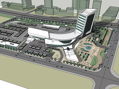 Modern Commercial Complex Featuring Parking Lot Plaza Green Areas And Urban Roads 3d model
