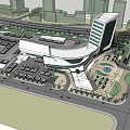 Modern Commercial Complex Featuring Parking Lot Plaza Green Areas And Urban Roads