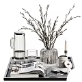 Tabletop Decorative Ornament Set on Tray with Clear Glass Jug Cup Vase Willow Branches Candle