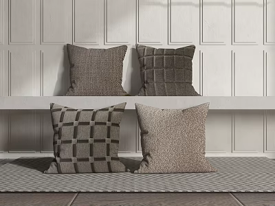 Brown Tones Pillows Featuring Checkered and Solid Patterns Displayed on Shelf Against White Paneled Wall 3d model