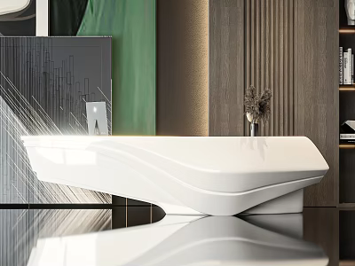 Modern Reception Desk With White Sleek Surface Green Accent And Wooden Wall Design 3d model