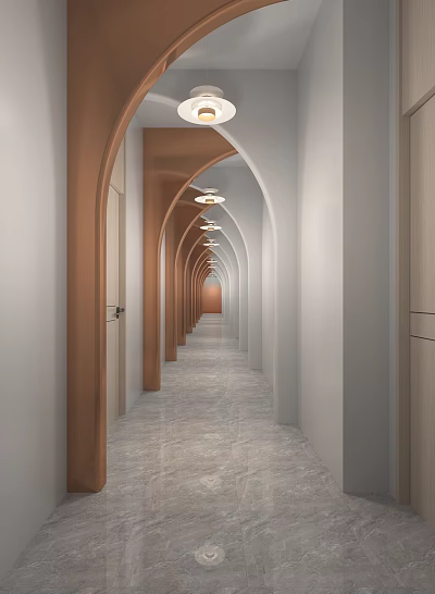 Modern Hotel Corridor With Arched Design Pendant Lights And Marble Flooring 3d model