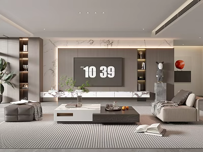 Elegant Modern Living Room Interior With Marble Wall TV Shelves And Coffee Table 3d model