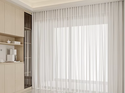 Elegant White Sheer Curtains In Modern Interior With Light Filtering Window Design 3d model